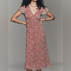 Anthropologie Exquise V-Neck Flutter-Sleeve Midi Dress